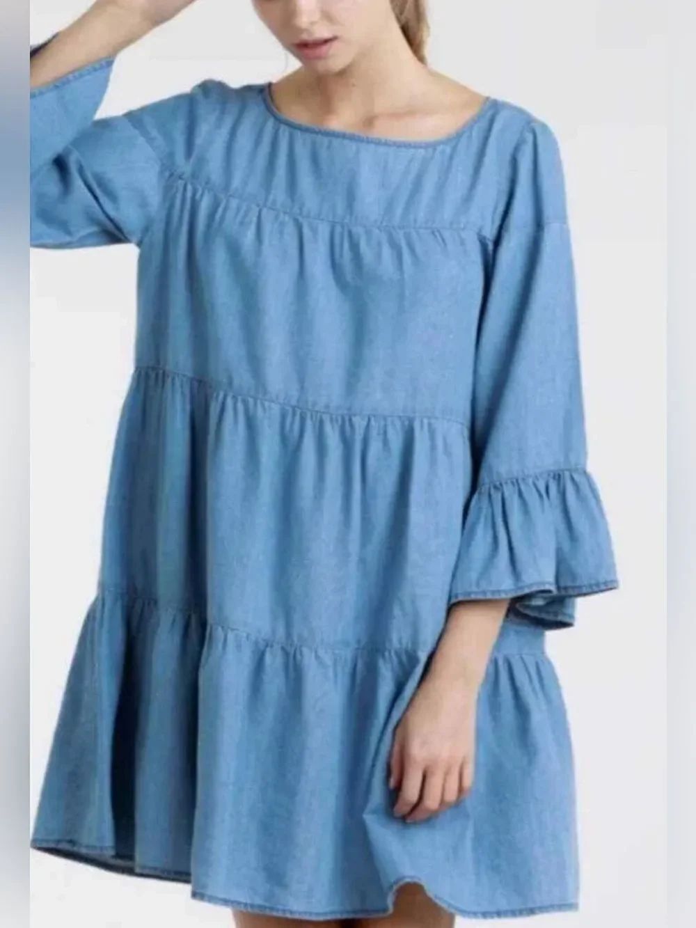 Fiore Blue Chambray Tiered Bell Sleeve Dress Size S Cotton Tencel